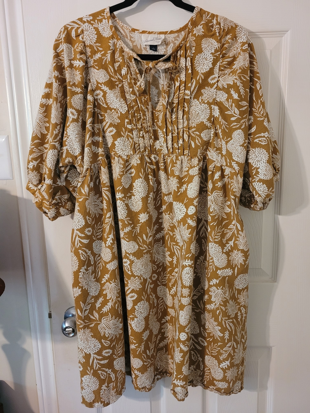 100% Cotton Universal Thread Mustard Floral Midi Dress with Tie Neck